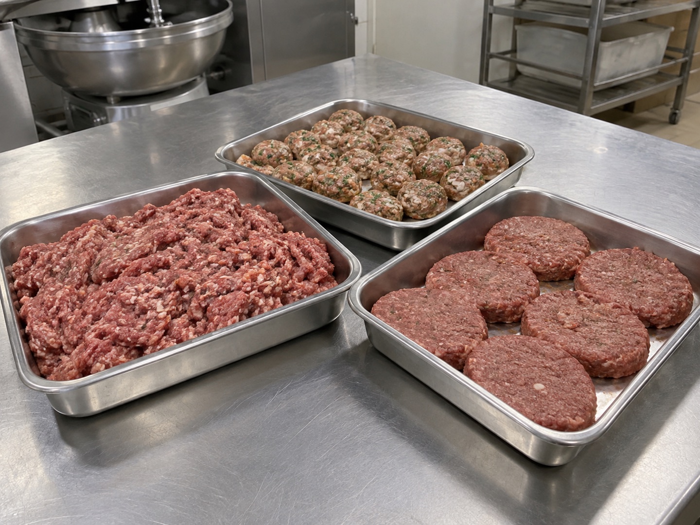 Illustration of prepared chopped meat, formed burger patties and meatballs in stainless-steel trays